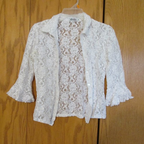 YOUNIQUE WOMENS JUNIOR'S SIZE M TOP WHITE LACE 3/4 SLEEVES BUTTON DOWN SHIRT USA - Picture 1 of 8